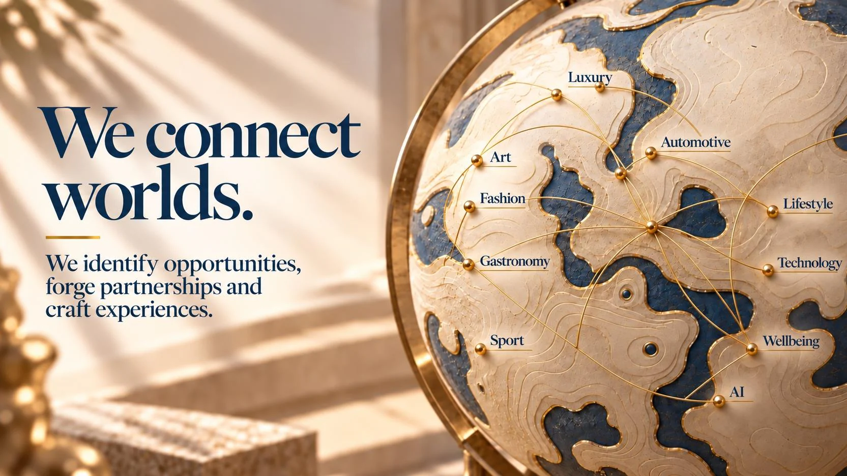 Globe with golden threads linking luxury, art, fashion, gastronomy, sport, automotive, lifestyle, technology, wellbeing and AI.