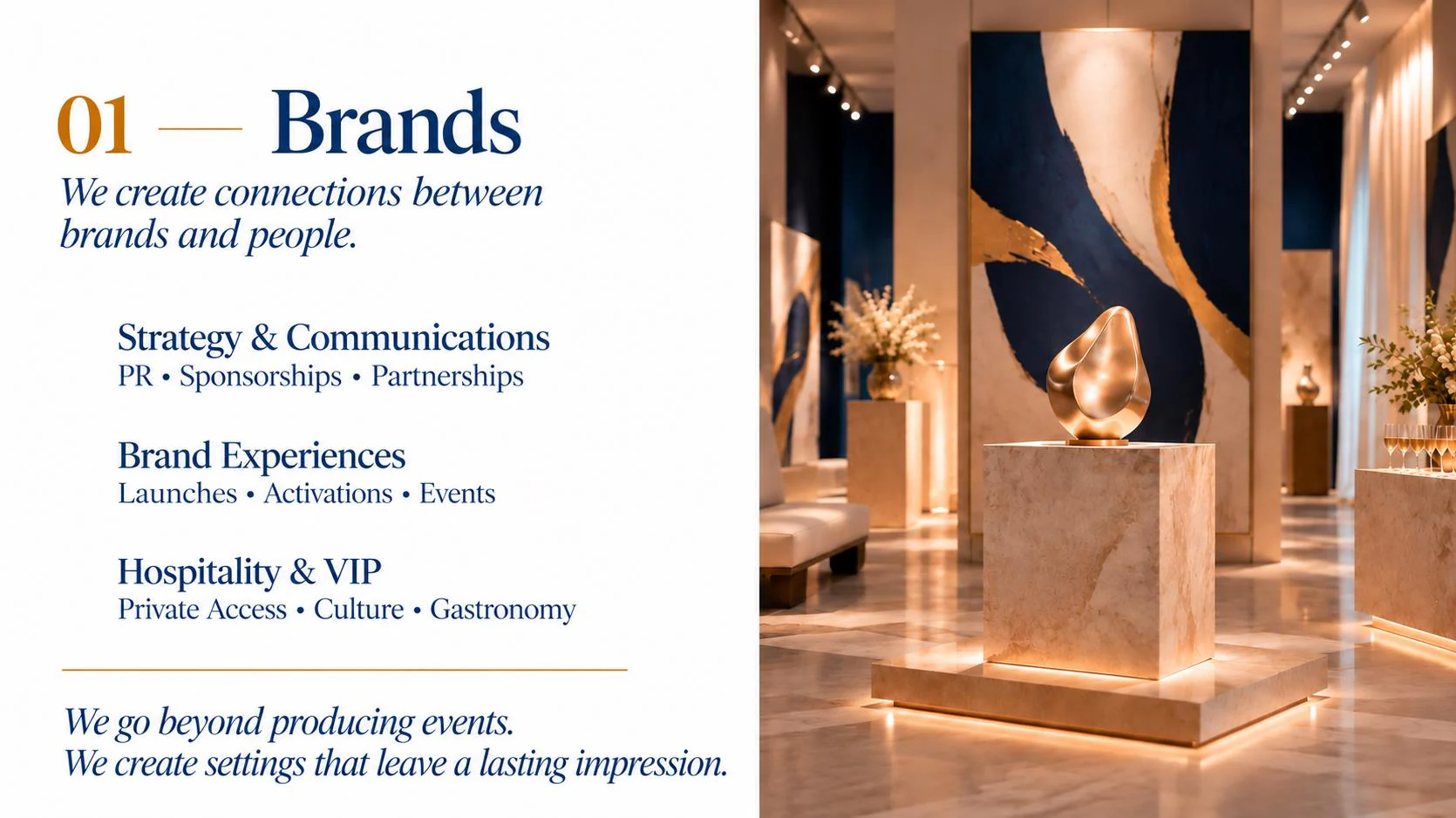 Gallery space with a golden sculpture on a marble pedestal.