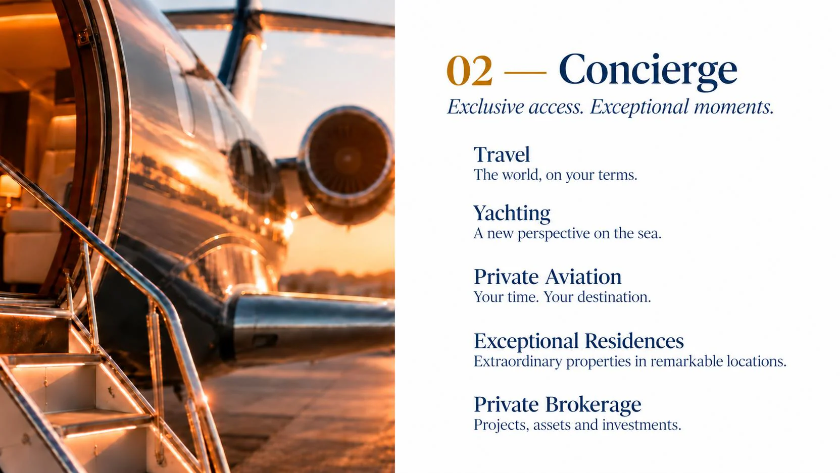 Steps of a private jet at sunset.