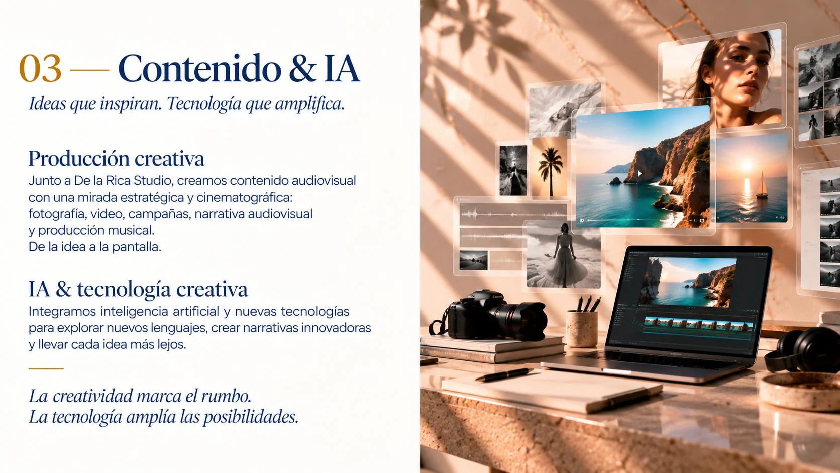 Mesa de edición con cámara, portátil y paneles de fotografía y vídeo.