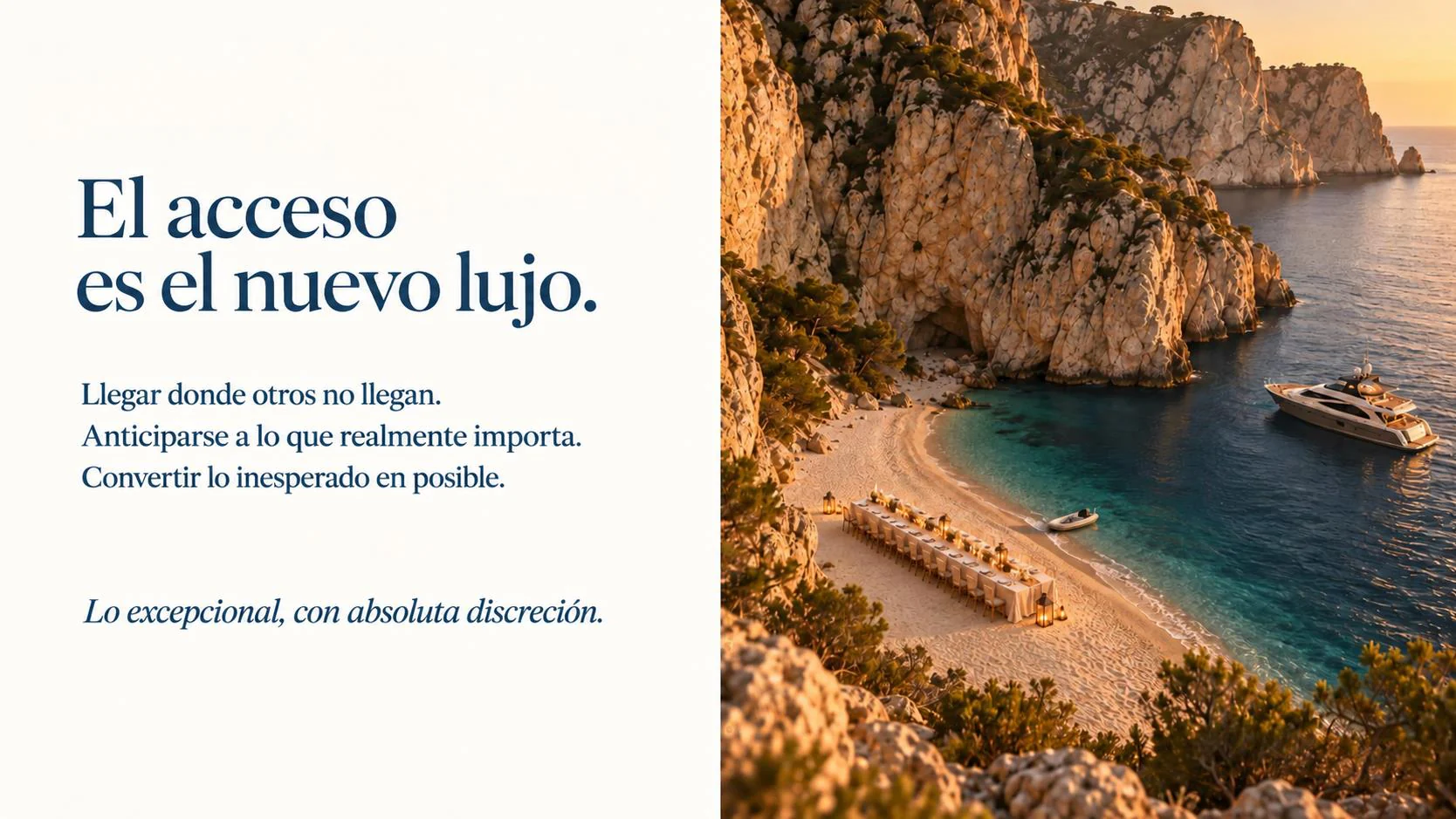 Cala entre acantilados con una mesa larga en la arena y un yate fondeado.